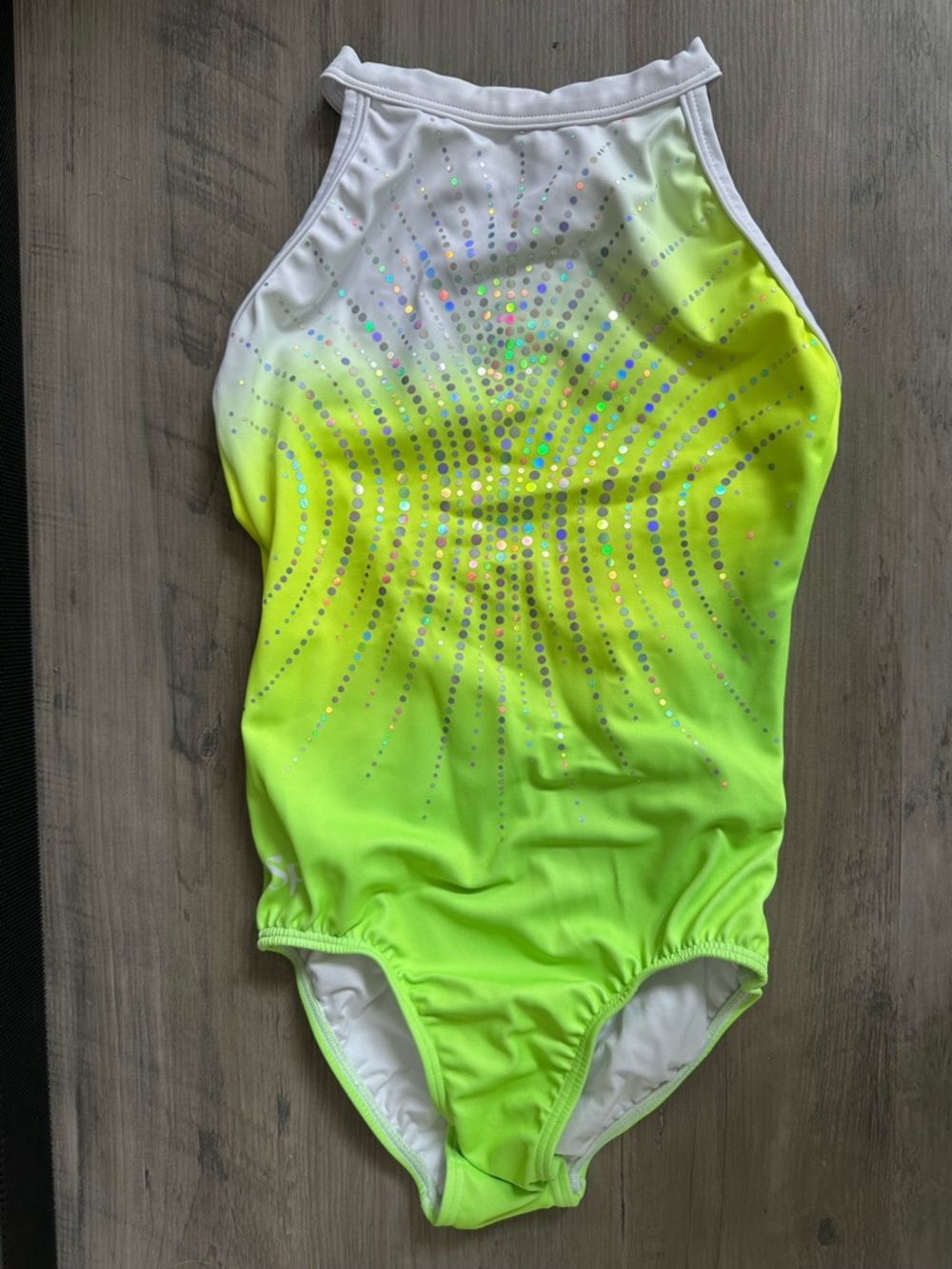 Girls Neon Lime Halter Sylvia P Leotard with Rhinestone Burst